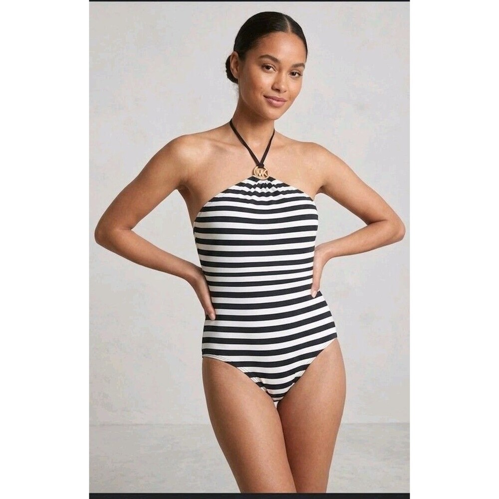 Michael Kors Ladies Swimsuit Halter Striped Black White and Silver Logo Size 8